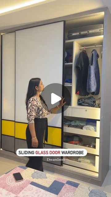 DreamIntro on Instagram: "Sliding soft close glass door wardrobe. . . . Project location- Ganga Platino, Kharadi. Design By @dreamintrodesigns  . . . #interiör #wardrobe #wardrobestylist #luxurywardrobe #wardrobedesign #cupboards #wardrobestyling #interiordesignideas #architexture #design #daily #instadaily #instagram #homedesign #homedecoration #bedrooms #treding #interiordecorator" Wardrobe Design Bedroom Modern Inside, Sliding Glass Door Wardrobe Designs, Double Door Sliding Wardrobe Design, Kids Sliding Wardrobe Design, Wardrobes For Bedrooms Sliding Doors, Cupboard Sliding Doors Wardrobe Design, Wadrobe Clothes Design Modern, Mirror On Wardrobe, Simple Cupboard Design For Bedroom