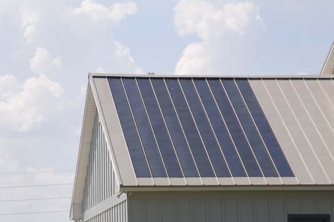 Photovoltaic (PV) panels integrated into a standing seam metal roof. Photograph via Fabral. Standing Seam Metal Roof, Solar Energy Panels, Solar Roof, Best Solar Panels, Photovoltaic Panels, Metal Roofing, Solar Projects, Standing Seam, Diy Solar