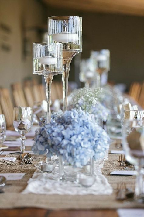 Wedding Table Settings Blue, Blue Floating Candles, Hydrangea Centerpiece Wedding, Blue Hydrangea Wedding, Blue Wedding Centerpieces, Blue Centerpieces, Hydrangea Wedding, Hydrangea Centerpiece, Tafel Decor