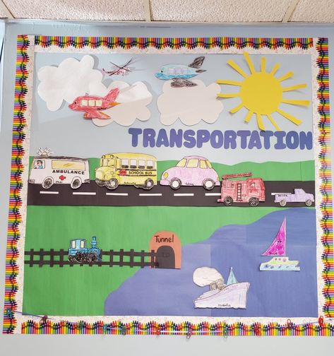 Transport Bulletin Board Ideas, Transport Board Ideas Classroom Displays, Transportation Chart For Classroom, Transportation Board Ideas, Transport Theme Board Ideas, Transport Chart For Classroom, Teaching Synonyms, Preschool Decorations, Preschool Transportation Crafts