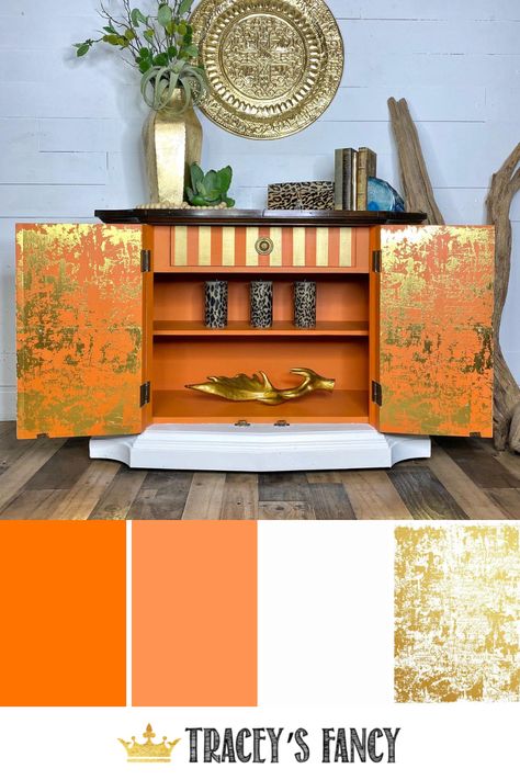 Chalk painted furniture color ideas in orange, gold, and white   a Redesign with Prima design transfer. Click over to my blog to see which additional products I used for this finish. Tracey Bellion #traceysfancy Tracey's Fancy Dixie Belle Chalk Paint No Pain Gel Stain Clear Coat Satin Gold Gilding Wax Wood Grain Tool Woodubend Ornate Rounded Edge Applique Chalk Painted Furniture Ideas DIY Furniture Wood Furniture Makeover DIY Wood Stain Chalk Painted Furniture Ideas, Furniture Color Ideas, Chalk Paint Colors Furniture, Wood Grain Tool, Dresser Inspiration, Chalk Painted Furniture, Dixie Belle Chalk Paint, Furniture Makeover Inspiration, Furniture Decals