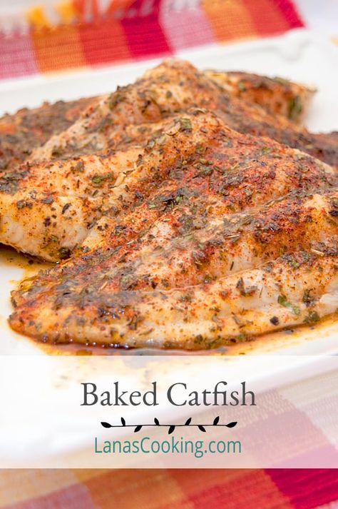 Baked Catfish from Never Enough Thyme Baked Catfish Fillets, Baked Catfish Recipes, Baked Catfish, Catfish Recipe, Catfish Recipes, Fish Dinner, Baked Fish, White Plate, Cajun Recipes