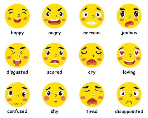 Emojis feelings chart | Premium Vector #Freepik #vector #feelings #smiley-faces #emojis #doodle-emoji Emotion Chart Drawing, Happy Emoji Faces, Emotions Kindergarten, Emojis And Their Meanings, Emotions Clipart, Emoji Chart, Emojis Meanings, Png Emoji, All Emoji