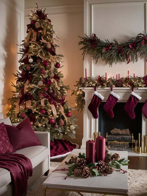 burgundy christmas decor 30 Picture Wall Christmas Decor, Christmas Decor Ideas Burgundy And Gold, Deep Green And Red Christmas Tree, House Decoration For Christmas, Christmas Dekoration Ideas, Burgundy And Brown Christmas Decor, Flocked Tree With Burgundy Ornaments, Christmas Decoration Living Room Ideas, Burgundy Dark Green Christmas Tree