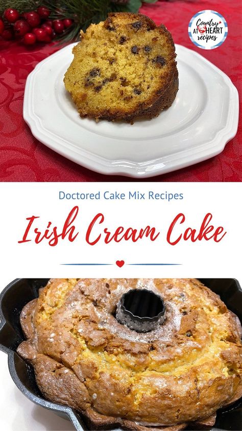 Irish Cream Cake is perfect for any holiday entertaining. It uses a cake mix as its base and is flavored with miniature chocolate chips and Irish Cream Liqueur. The icing seeps into the cake and creates a sweet and crusty film on the outside--like a donut! It's so good. #irishcreamcake #cakes #holidaybaking #stpatricksday #irishcreamliqueur #cakemixrecipes #miniaturesemisweetchocolatechips #countryatheartrecipes https://countryatheartrecipes.com/2014/03/irish-cream-cake/ Baileys Irish Cream Cake, Irish Cake, Irish Cream Cake, Doctored Cake Mix Recipes, Cake Mix Doctor, Miniature Chocolate, Rum Recipes, Irish Cream Liqueur, Vanilla Cake Mixes