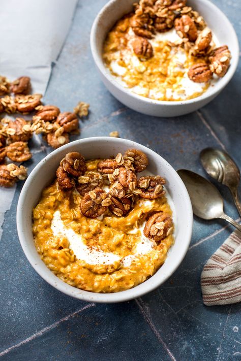 Sweet Potato Pie Oatmeal with a Candied Pecan Topping — My Diary of Us Sweet Potato Pie Oatmeal, Slow Cooker Sweet Potato Oatmeal, Sweet Potato Oatmeal Bars, Baked Overnight Oats, Overnight Granola, Breakfast Sweet Potatoes, Healthy Sweet Potato Pie, Sweet Potato Breakfast Bowl, Sweet Potato Oatmeal