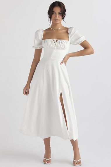 Clothing : Midi Dresses : 'Tallulah' White Puff Sleeve Midi Dress Washing Dress, Backless Dress Summer, Puff Sleeve Midi Dress, Midi Sundress, Breezy Dress, Split Maxi Dress, Garden Parties, House Of Cb, Sleeve Midi Dress