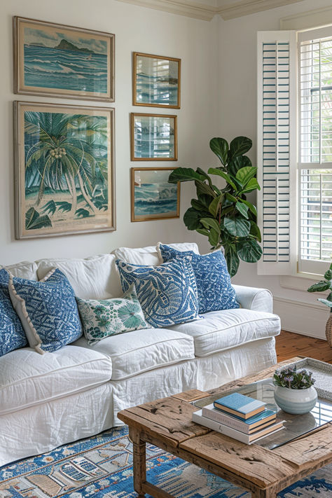 coastal living room, beachy living room, beach house, summery living room Vacation Home Living Room, Beach Living Room Decor Ideas, Living Room Beach Theme, Vintage Beach Living Room, Beach House Interior Decor, Miami Living Room, Paintings Living Room Ideas, Vintage Coastal Home, Grandma Coastal