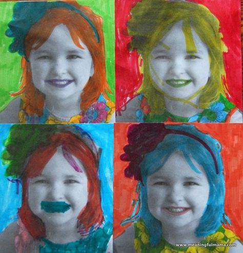 This Andy Warhol project for kids is done with black and white print outs of your child's picture, and it is colored with markers. Warhol Portraits, Portrait Craft, Andy Warhol Portraits, Warhol Paintings, Kid Pics, Andy Warhol Pop Art, Self Portrait Art, Andy Warhol Art, Warhol Art