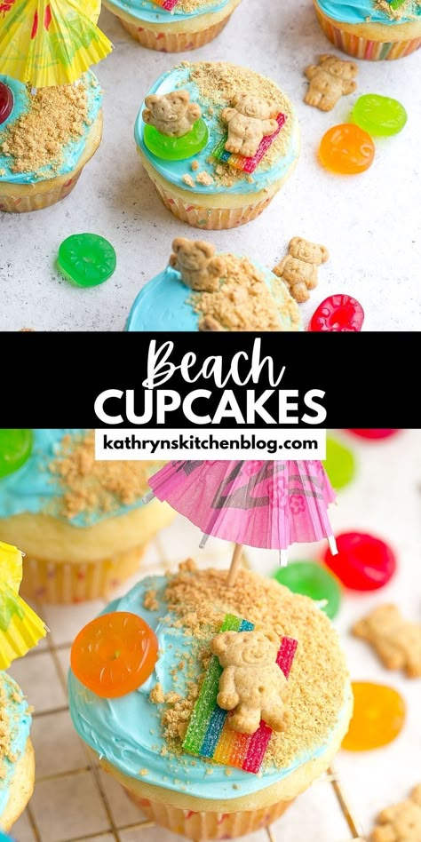 EASY Summer Themed Beach Cupcakes- Kathryn's Kitchen Beach Bear Cupcakes, Easy Summer Cupcakes Ideas, Water Themed Desserts, Cupcake Summer Ideas, Summertime Cupcake Ideas, Cupcakes Decoration Summer, Pool Party Cupcakes Girl, Kid Cupcake Ideas, Summer Themed Desserts