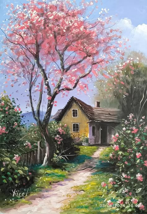 Beautiful Paintings Of Nature, Landscape Pencil Drawings, Landscape Paintings Acrylic, Easy Canvas Painting, Pola Sulam, Cottage Art, Landscape Art Painting, Painting Artist, Landscape Drawings