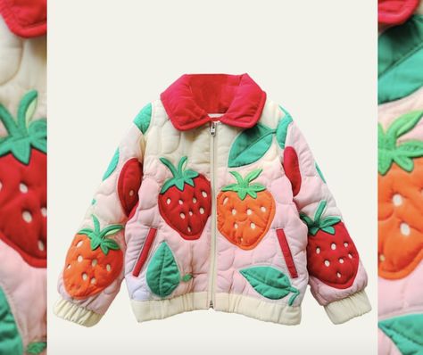 Strawberry Jacket, Big Strawberry, Ropa Upcycling, Animal Print Vests, Applique Jacket, Collar Jacket, Cute Jackets, Mode Inspiration, Dream Clothes