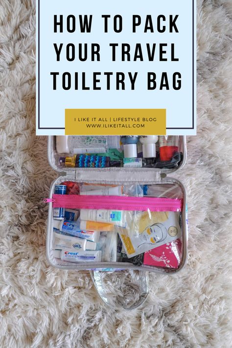 Here's what you need to pack in your travel toiletry bag to ensure you're prepared for every situation while taking care of your skin, hair, dental hygiene, and more! Travel Hygiene Bag, Toiletry Packing Hacks, Tolitrey Bag, Toiletry Bag Essentials, Carry On Toiletries, Packing Toiletries, Bathroom Bag, Travel Bathroom, Mini Sewing Kit