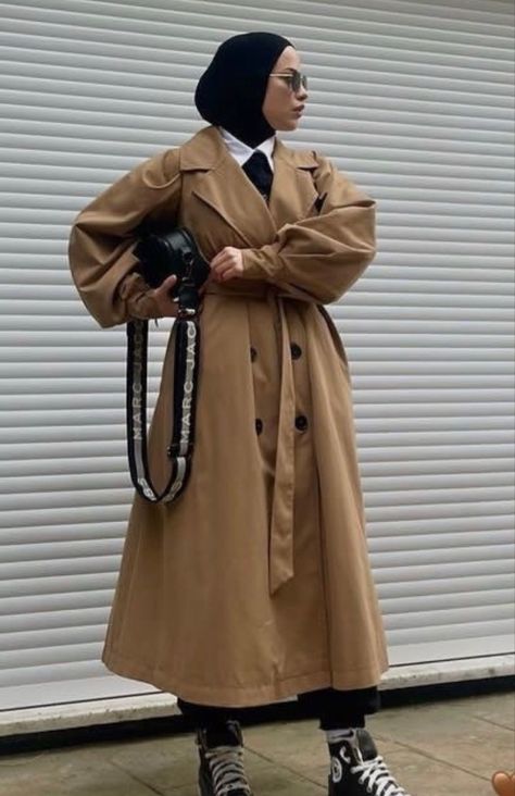 Beige Trench Coat Outfit Hijab, Beige Trench Coat Outfit, Brown Trench Coat, Diy Fashion Scarf, Cat Profile, Trench Coat Outfit, Beige Trench Coat, Jordan Shoes Retro, Hijabi Style