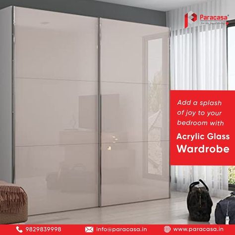 A modular wardrobe with a sheen appearance and glossy finish is an eye-catcher. For homeowners who love a lustrous room setup, it comes real easy with acrylic finish laminates. With a glass-like finish, acryshine acrylic shutters are lightweight and yet, have high durability features. Reach out to us at 9829839998 Or write to us at info@paracasa.in #wardrobe #wardrobedecor #homedecor #interiordesign #interiordesigner #interior #design #homedecor #paracasawardrobes #paracasainterio Glass Profile Wadrobe, Glossy Cupboards Bedroom, Acrylic Finish Wardrobe, Acrylic Wardrobe Shutters, Glass Finish Wardrobe, Acrylic Sliding Wardrobe Designs, Glass Laminated Wardrobe, Glossy Finish Wardrobes, Laqured Glass Wardrobe