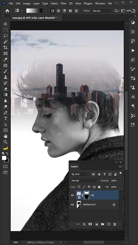 create double exposure in photoshop, tutorial, art. man and city, adobe photoshop 15 sec video, edit, beautifule style, double exposure, fast tutorial #scriptfont #calligraphy #typography #fontlover #texteffects #graphicdesign Instagram Reels Video, Photoshop Retouching, Double Exposure Effect, Photoshop Editing Tutorials, Photoshop Training, Photoshop Lessons, Photoshop Tutorial Graphics, Photoshop Video Tutorials, Video Editing Services
