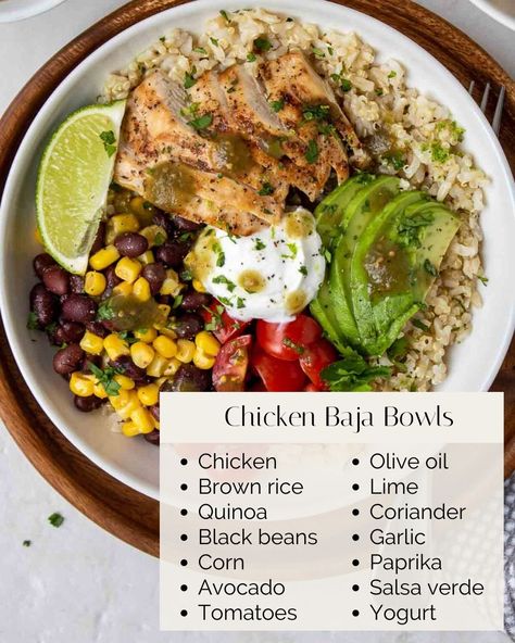 Get the recipe:... - Stephanie Kay Nutrition Baja Chicken, Kay Nutrition, Lime Quinoa, Chicken Bowls, Healthy Bowls Recipes, Chicken With Olives, Healthy Bowls, Chicken Bowl, Avocado Salsa