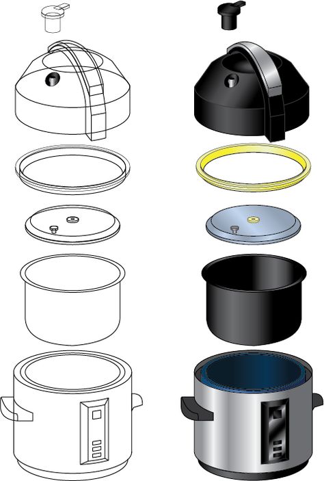 Exploded View: Pressure Cooker on Behance Exploded View Product Sketch, Exploded View Of Objects, Product Exploded View, Exploded View Product, Exploded View Sketch, Exploded View Drawing, Prop Modeling, Mechanical Objects, Explosion Drawing