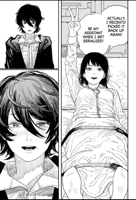 A manga panel is shown, a girl with long black hair is on a wheeled stretcher getting on an ambulance making a peace sign with her right hand. She’s responding to another girl (shown in the next panel), “actually, I recently picked it back up again! Be my assistant when I get serialized!”. The other girl, with shorter black hair, is shown briefly inexpressive in the following panel, but then lights up and smiles in the next. Look Back Manga, Tatsuki Fujimoto, Comic Layout, Cook Recipes, Motivational Art, News Website, Chapter 1, Art Studies, Manga Drawing