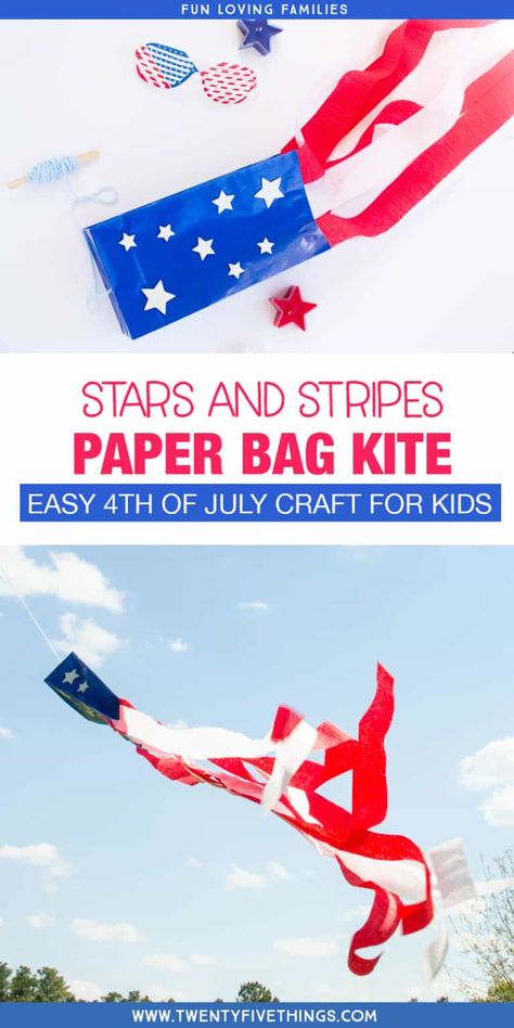 Flag Craft for Kids: Make a Stars-and-Stripes Paper Bag Kite - Fun Loving Families Paper Bag Kite, Star Paper Craft, Cupcake Christmas, Patriotic Kids, Fireworks Craft, Diy Paper Bag, Small Paper Bags, Flag Crafts, Paper Bag Crafts