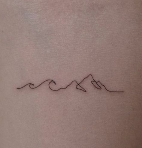 Mountain Ocean Spine Tattoo, Cute California Tattoos, Fine Line Mountain Wave Tattoo, Wave To Mountain Tattoo, Mountain Wave Tattoo Simple, Mountain Into Wave Tattoo, Ocean Meets Mountains Tattoo, Mountain Tattoo Ribcage, Mountain Water Tattoo Simple