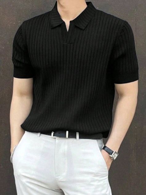 Solid Ribbed Polo Shirt For Men Black Casual  Short Sleeve Rib knit Plain  Medium Stretch  Men Clothing, size features are:Bust: ,Length: ,Sleeve Length: Outfits For Men Black, Black Shirt Men, Men's Summer Outfit, Men's Business Outfits, Polo Shirt Outfits, Polo Outfit, Classy Outfits Men, Men Fashion Casual Shirts, Mens Casual Dress Outfits