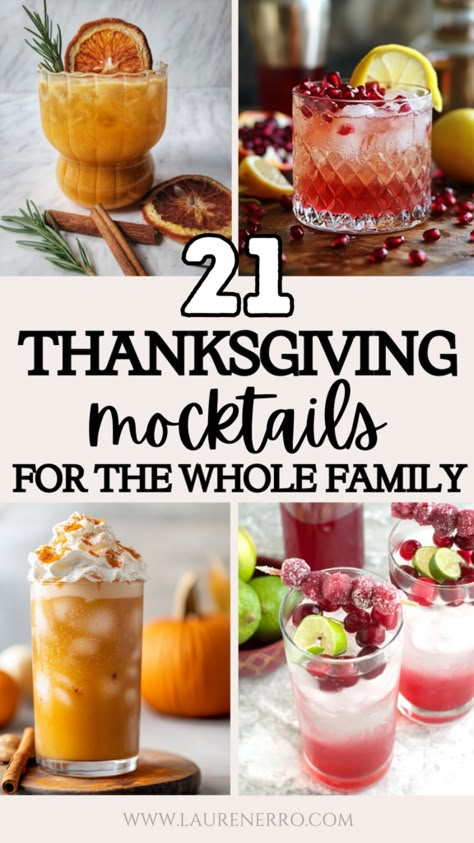 21 Thanksgiving Mocktails For The Whole Family to Enjoy | Lauren Erro Thanksgiving Cocktails And Mocktails, Drink Ideas For Thanksgiving, Wingsgiving Party Ideas, Easy Thanksgiving Mocktail, Batch Thanksgiving Mocktail, Mocktail For Thanksgiving, Friendsgiving Drink Ideas Non Alcoholic, Friendsgiving Work Ideas, Friendsgiving Soup Party