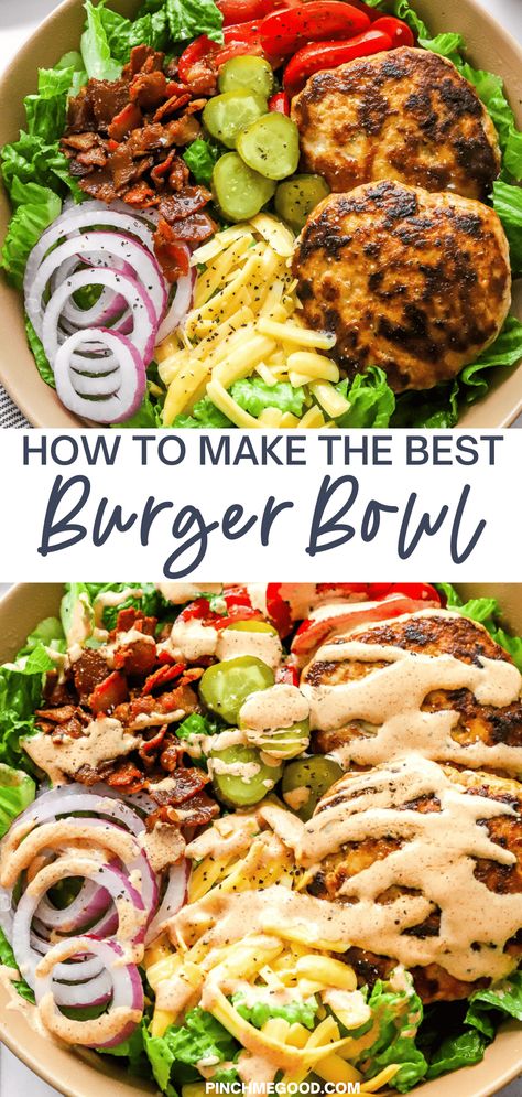 Healthy Summer Dinner Recipes Gluten Free, Whole30 Burger Bowl, Burger Bowls Sauce, Burgers Without Buns Ideas, Turkey Burger Bowl Healthy, High Protein Burger Recipes, Low Carb Burgers, Low Carb Power Bowl, Deconstructed Burger Bowl