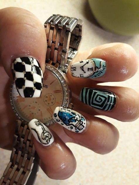 Alice in wonderland nails Alice I Wonderland Nails, Beyond Wonderland Nails, Wonderland Nails, Alice In Wonderland Nails Designs, Mad Hatter Nail Art, Alice And Wonderland Nails Design, Alice In Wonderland Nail Art, Mad Hatter Nails, Alice In Wonderland Nails Acrylic