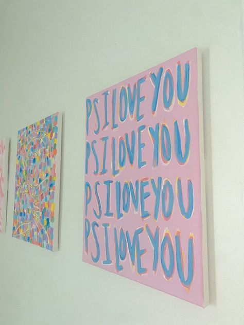 Connecting Canvas Painting Ideas, Word Art Painting Canvases, Canvas Painting College Room Decor, Word Paintings On Canvas, Trendy Sorority Canvas, Pink Canvas Paintings Simple, Trendy Canvas Painting, Asthetic Paintings Easy, Preppy Name Canvas Art