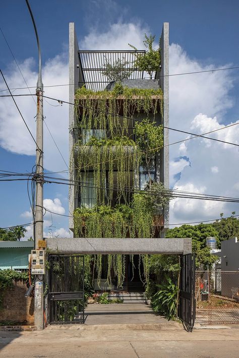 De Chill House: Vietnam’s Modern Nature-Infused Home Vietnam Architecture Modern, Cascading Plants, Balcony Shade, Chill House, Second Floor Landing, Green Facade, Paved Patio, Concrete Home, Concrete Forms