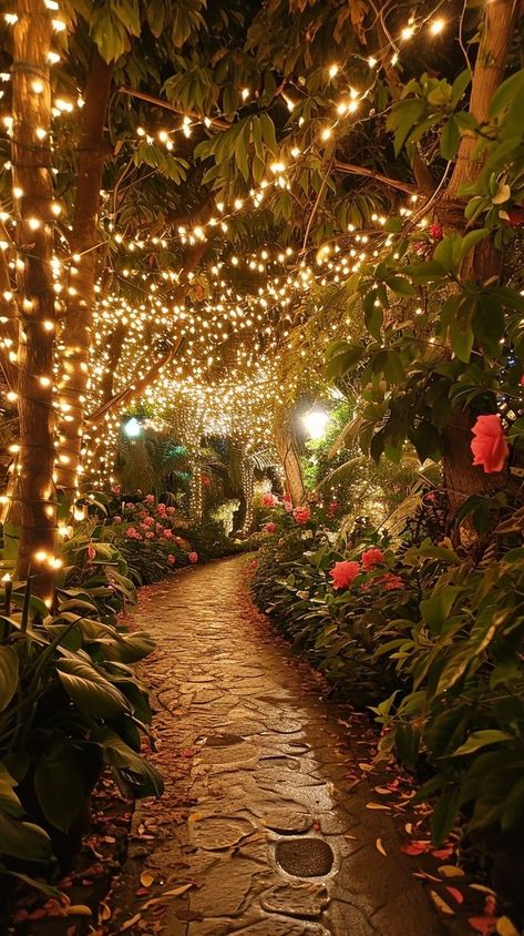 Beautiful Pathways Nature, Garden Of Time Aesthetic, Garden Illumination, Dreamy Backyard, Forest Theme Wedding, Outdoor Fairy Lights, Garden Whimsy, Backyard Lighting, Pretty Landscapes