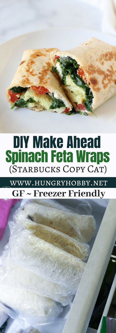 Did you know that Starbucks Spinach Feta Egg White Wraps are just reheated from frozen? Make your own to freeze and have them as a quick breakfast option! #glutenfree #healthy #breakfast #makeaheadbreakfast #healthybreakfast #diy #highprotein #eggwhites #breakfastwrap #breakfastburritio #hungryhobby via @hungryhobby Spinach Feta Wrap Starbucks, Spinach Feta Egg, Egg White Wraps, Egg Whites Wrap, Spinach Feta, Spinach Egg, Breakfast Wraps, Boiled Egg Diet Plan, Quick Healthy Breakfast