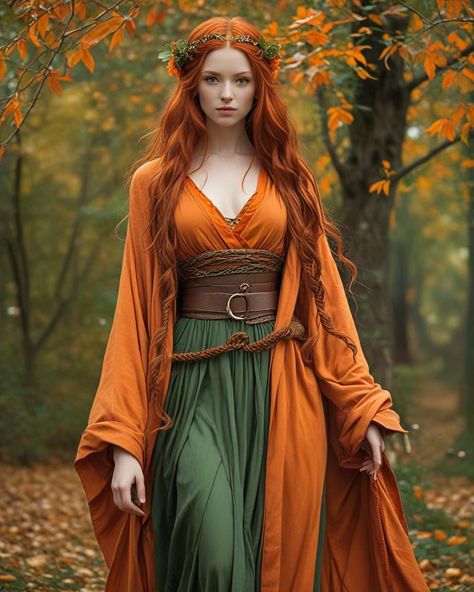 Red Headed Bride, Orange Witch Aesthetic, Autumn Witch Outfit, Autumn Fae, Elven Design, Elven Woman, Celtic Clothing, Red Witch, Autumn Witch