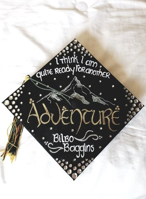 Graduation Cap Adventure Bilbo Baggins Lonely Mountain Funny Graduation Cap Designs, Graduation Cap Designs College, College Funny, Funny Graduation Caps, Lonely Mountain, College Grad Cap Ideas, Grad Cap Decorated, Graduation Cap Decoration Diy, Custom Graduation Caps