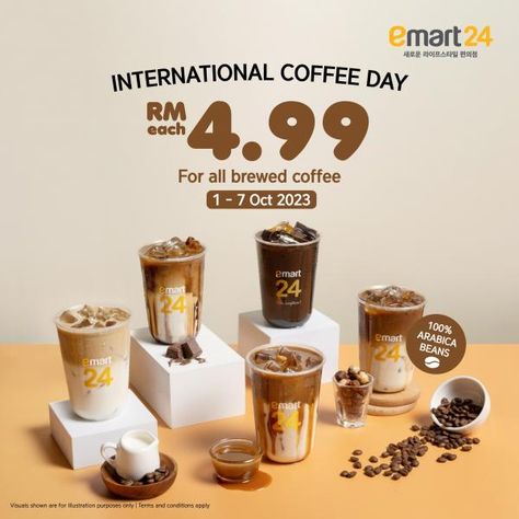 emart24 International Coffee Day Promotion RM4.99 for All Brewed Coffee from 1 October 2023 until 7 October 2023 Coffee Promotion, Coffee International Day, Coffe Post Design, Coffee Promotion Design, International Coffee Day, Coffee Brand Social Media, Coffee Social Media Post Design, International Coffee, Coffee Brewing