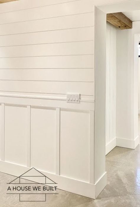 Board And Batten Wall Same Color As Wall, Shiplap Panel Half Wall, Half Wall Beadboard Wainscoting, Shiplap Wall Half Way Up, Wide Shiplap Planked Walls, Shiplap With Wainscoting, Shiplap And Wainscoting Together, Hallway Wood Panelling, Trailer Office