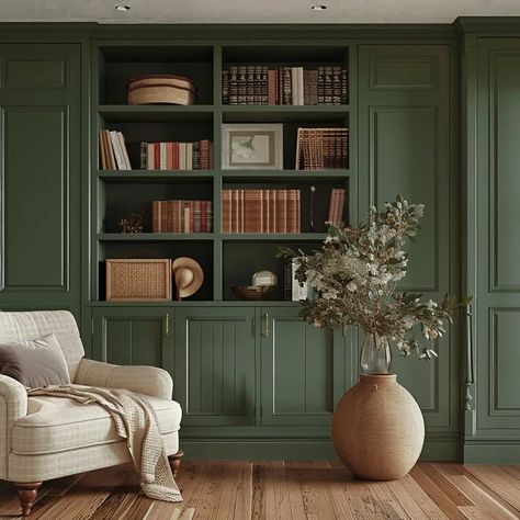 My Top 5 Dark Green Interior Paint Colors by Sherwin-Williams - Renee Renovates Warm Dark Green Paint Colors, Moody Green Paint Colors Sherwin Williams, Sw Vogue Green, Sherwin Williams Vogue Green, Vogue Green Sherwin Williams, Dark Green Library Room, Dark Green Bookshelf, Rookwood Shutter Green, Green Built Ins