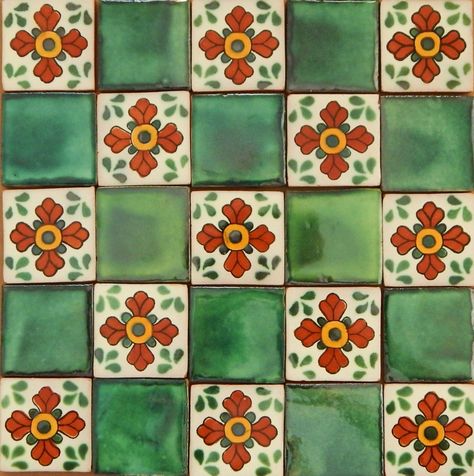 "25 Mexican Talavera Ceramic Tiles 2x2\" Green Designs Handmade Folk Art (Same desings as the pictures) DESCRIPTION: * Size: 2 by 2 inches * ¼ inch of thickness * Due to its handcrafted process, tiles may present some variations in the color and shape (they are not really flat or square), and some tiles can have small cracks in the surface as well. Patterns may vary due to the rotation of our stock." Tile Patterns Square, Mexican Talavera Tile Patterns, Green Mexican Tile, Mexican Stained Glass Patterns, Mexican Ceramic Tiles, Mexican Tile Backsplash Kitchen, Ceramic Patterns Design, Italian Pattern Design, Green Spanish Tile