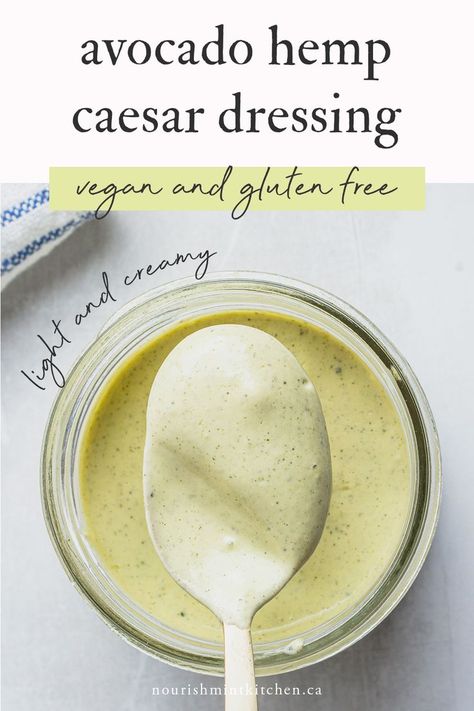 This creamy avocado hemp caesar dressing is made with nourishing ingredients, and packed with healthy fats! Hemp seeds and avocado are blended with garlic and lemon juice to create a light and creamy caesar salad dressing that tastes just like a classic caesar (minus the inflammatory oils)! Vegan Hemp Seed Dressing, Caesar Dressing Healthy, Healthy Caesar Salad Dressing, Hemp Seed Dressing, Inflammatory Oils, Creamy Caesar Salad, Healthy Caesar Salad, Temple Food, Vegan Dressings