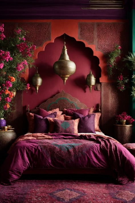 Dive into a world of enchantment with this Moroccan-inspired bedroom, where rich wine-red walls effortlessly contrast with vibrant splashes of teal and emerald. The centerpiece is a regally carved headboard, a testament to masterful craftsmanship, setting the stage for a bed adorned with sumptuous pillows boasting intricate patterns. Overhead, an array of golden lanterns dangle, casting a mystical glowThis bedroom is truly a lavish retreat, inviting one to indulge in its serene beauty. Oasis Decor, Moroccan Inspired Bedroom, Moroccan Wall Decor, Bedroom Purple, Moroccan Bedroom, Decor Ideas Bedroom, Moroccan Wall, Moroccan Interiors, Luxury Bedroom Design