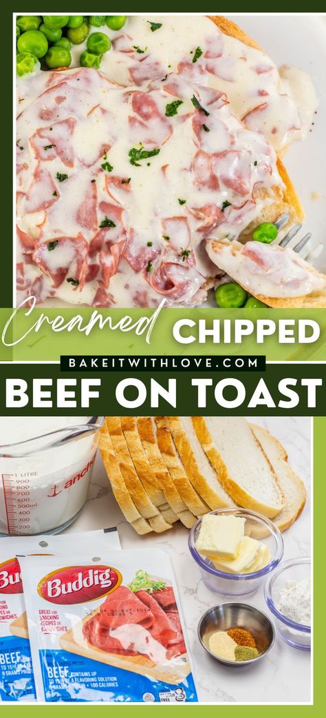 Best creamed chipped beef (SOS) recipe pin with a closeup on the plated dish and ingredients. Military Breakfast, Creamed Beef On Toast, Dried Beef Gravy, Chipped Beef Recipe, Chip Beef Gravy, Cream Chipped Beef Recipe, Creamed Chipped Beef On Toast, Dried Beef Recipes, Chipped Beef On Toast