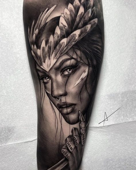 Warrior Tattoo Design For Woman, Warrior Tattoos For Women Strength, Female Warrior Tattoo Strength, Tattoo Ideas Female Sleeve Arm, Western Sleeve, Nova Tattoo, Cage Tattoo, Fierce Tattoo, Headdress Tattoo