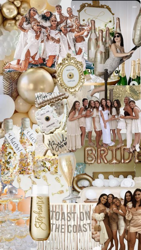 Bachelorette Gold Theme, Glamorous Bachelorette Theme, Champagne Theme Bachelorette, Neutral Theme Bachelorette Party, Bachelorette Party Ideas Classy Themes, Bach Cruise Theme, Gold Rush Bachelorette, Neutral Beach Bachelorette, Toast On The Coast Bachelorette Party