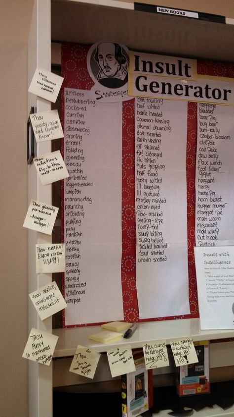 High School Library Furniture, Shakespeare Bulletin Board, Teen Programs Library, Shakespeare Insult Generator, Shakespeare Insult, Teen Library Displays, Teen Library Space, Passive Programming Library, Insult Generator