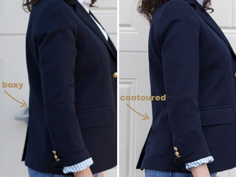 Adventures in Alterations: Slim a Boxy Jacket - AlterationsNeeded.com Diy Tailoring, Repairing Clothes, Diy Alterations, Boxy Blazer, Boxy Jacket, Blazer For Boys, Sewing Alterations, Sewing Elastic, Upcycle Sewing