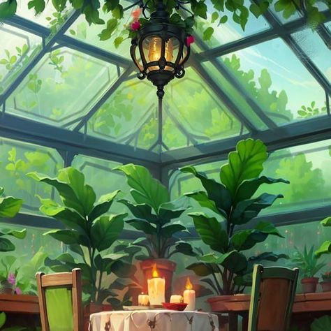 Greenhouse Fantasy Art, Green House Concept Art, Greenhouse Concept Art, Green House Illustration, Fantasy Greenhouse, Greenhouse Illustration, Fantasy House Interior, Green House Paint, Greenhouse Art