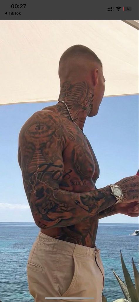 Masculine Men Tattoo, Half Body Tattoo Men, Guys With Sleeve Tattoos, Chest And Sleeve Tattoo Men, Mens Sleeve Tattoo Ideas Top 10, Hot Tattoo Guys, Back Tats Men, Male Sleeve Tattoos, Full Body Tattoo Man