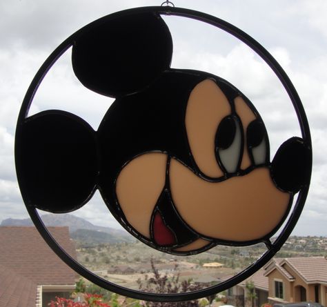 Mickey Mouse Stained Glass Mickey Mouse, Mickey Mouse Stained Glass Patterns, Disney Stained Glass, Stained Glass Sun, Stained Glass Patterns Free, Stained Glass Pattern, Stained Glass Birds, Making Stained Glass, Stained Glass Suncatchers