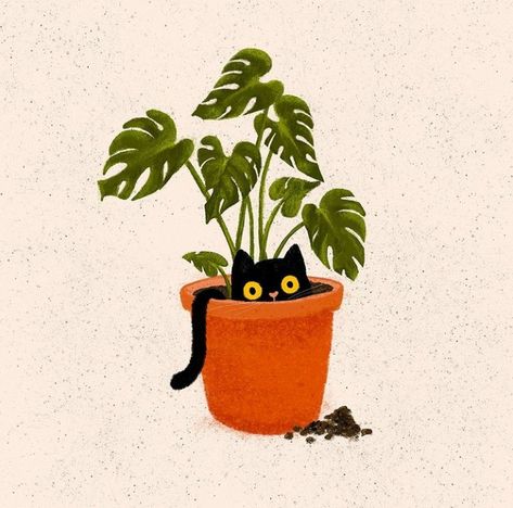 Cat In Garden Illustration, Cat With Plants Tattoo, Spring Cat Illustration, Cats And Plants Illustration, Cat Plant Art, Simple Plant Painting Ideas, Cat Plant Tattoo, Illustration Art Cat, House Plant Illustration